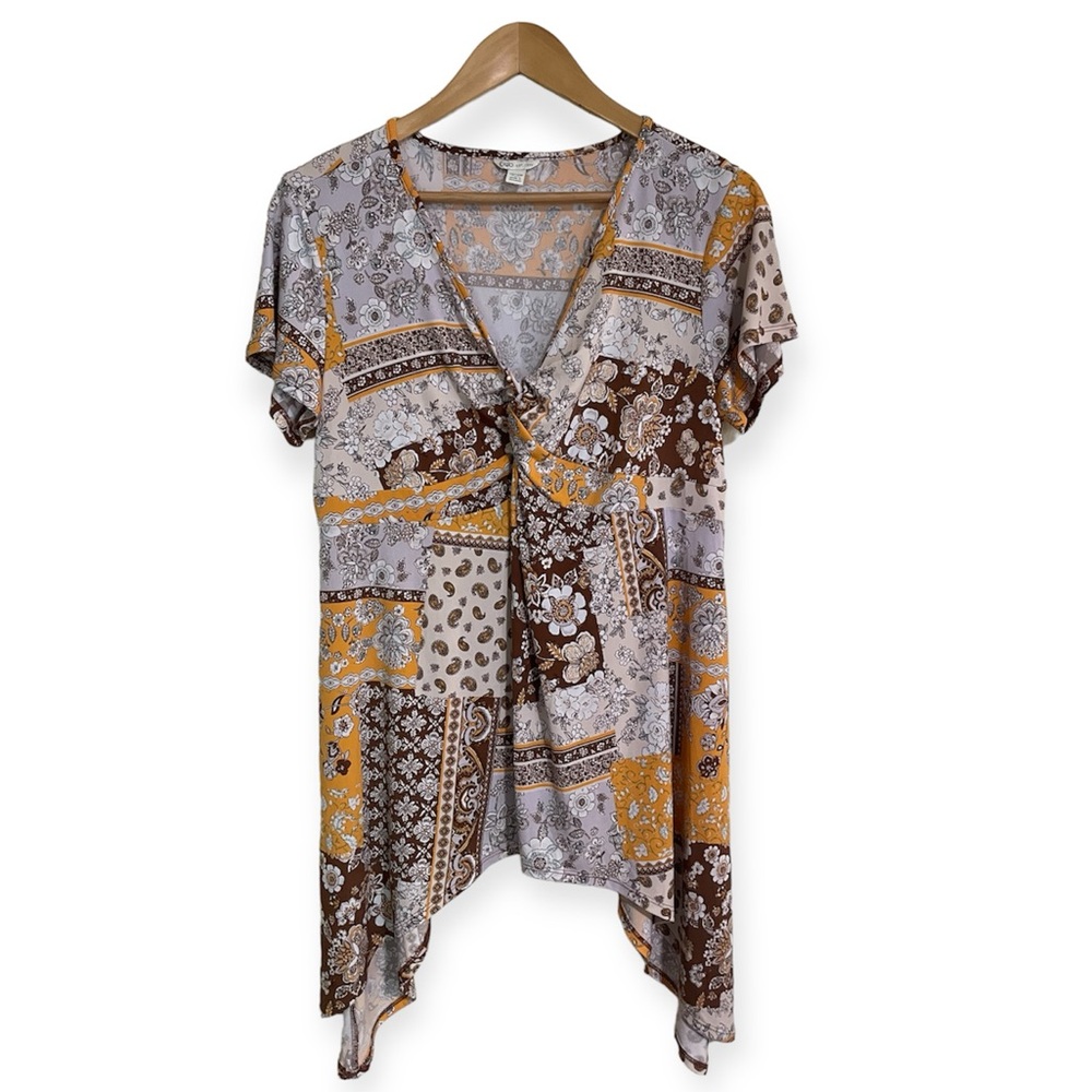 Cato Plus 14/16W Boho Patchwork Tie-Front V-Neck Y2K Tunic Top
